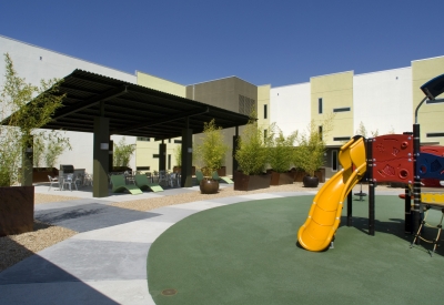 Playground and seating area on the rooftop on Delmas Park in San Jose, California.