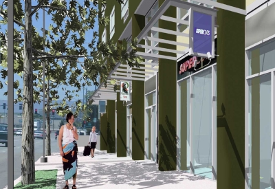 Rendering of the retail spaces at Delmas Park in San Jose, California.