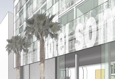 Exterior rendering of the entry to Hotel SOMA.