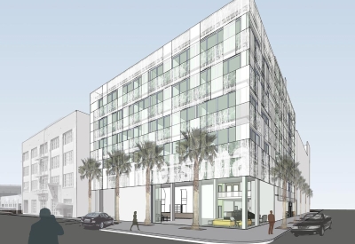 Exterior rendering of the corner of Hotel SOMA.