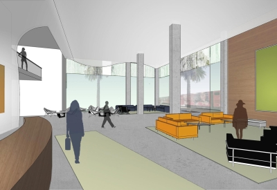 Interior rendering of the lobby entrance to Hotel SOMA.