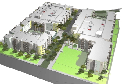 Aerial rendering of Paseo Senter in San Jose, California.