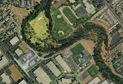 Aerial context for the site of Paseo Senter in San Jose, California.