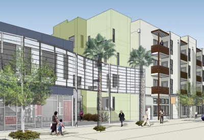 Exterior rendering of the community room for Paseo Senter in San Jose, California.