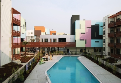 View of the courtyard pool at Paseo Senter in San Jose, California.