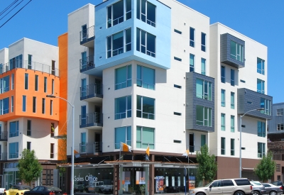 Exterior street view of sales office at 200 Second Street in Oakland, California.