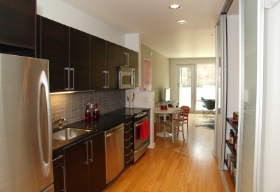 Kitchen inside a unit at 200 Second Street in Oakland, California.