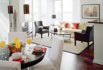 Living room inside a unit at 200 Second Street in Oakland, California.