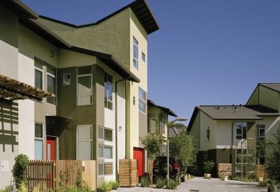 Street of townhouses at West End Commons in Oakland, Ca.