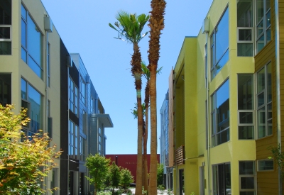 View of the courtyard and townhouses at Blue Star Corner in Emeryville, Ca.