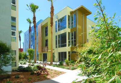 Row of townhouses exterior at Blue Star Corner in Emeryville, Ca.