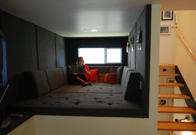 Built-in padded relaxation nook inside a unit at Blue Star Corner in Emeryville, Ca.