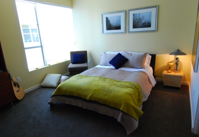 Bedroom inside a unit at Blue Star Corner in Emeryville, Ca.