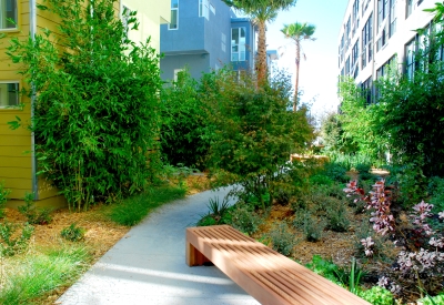 Garden walkway at Blue Star Corner in Emeryville, Ca.