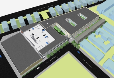 Aerial rendering of Pacific Cannery Lofts in Oakland, California.