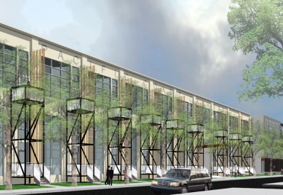 Exterior rendering of the cannery facade for Pacific Cannery Lofts in Oakland, California.