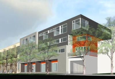 Exterior rendering of the street facade for Pacific Cannery Lofts in Oakland, California.