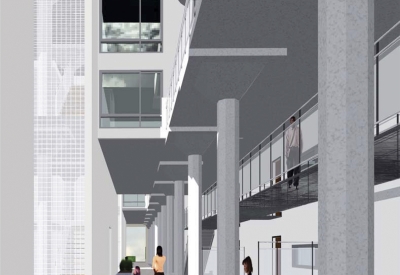 Exterior rendering of the open-air passage way for Pacific Cannery Lofts in Oakland, California.