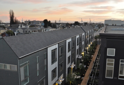 View of the resident pathway from above at Pacific Cannery Lofts in Oakland, California.