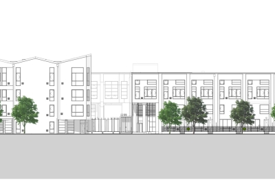 Rendering of the east facing elevation for Pacific Cannery Lofts in Oakland, California.