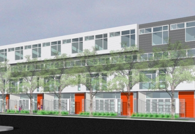 Exterior rendering of Pine Street for Pacific Cannery Lofts in Oakland, California.