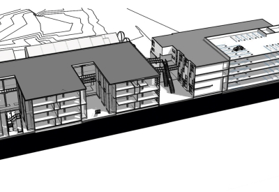 Rendering of the building section showing three courtyards for Pacific Cannery Lofts in Oakland, California.