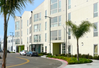 Exterior view of Pacific Cannery Lofts on Pine Street in Oakland, California.