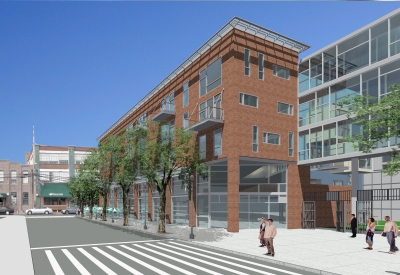 Exterior street level rendering of West Side Lofts.
