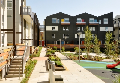 View of the large courtyard at Armstrong Place in San Francisco.