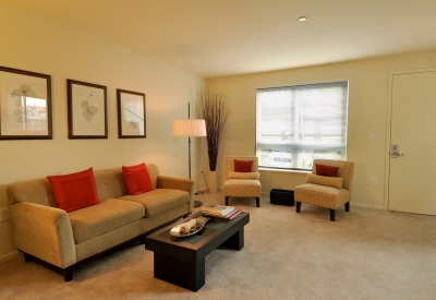 Living room inside a unit at Armstrong Place in San Francisco.