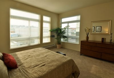 Mater bedroom inside a unit at Armstrong Place in San Francisco.