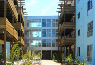 Courtyard in between two apartments buildings at Crescent Cove in San Francisco.