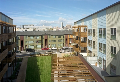 Crescent Cove townhouses with view of San Francisco in the background.