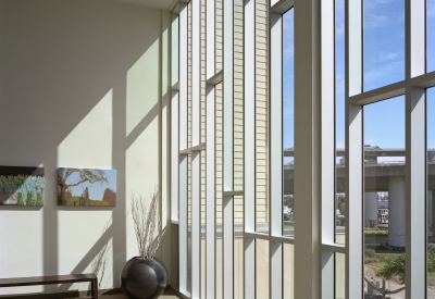 Sunlight shines through custom windows inside Crescent Cove in San Francisco.