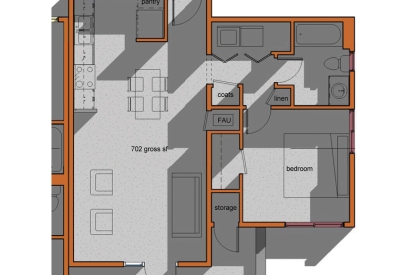 One bedroom floor plan for Cottonwood Commons in Alamogordo, New Mexico.