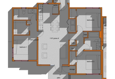 Three bedroom floor plan for Cottonwood Commons in Alamogordo, New Mexico.