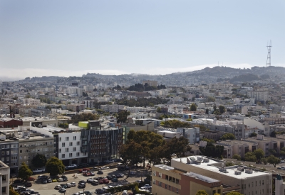 Aerial view of 300 Ivy Street, Richardson Apartments, and Hayes Valley Housing in San Francisco, CA.