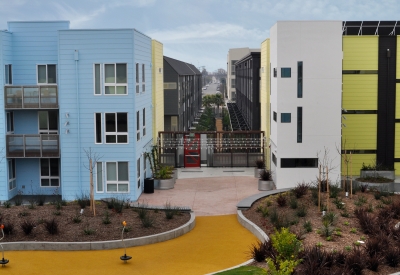 Exterior view of the courtyard at Ironhorse at Central Station in Oakland, California.