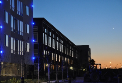 Exterior view at dusk of Ironhorse at Central Station in Oakland, California.