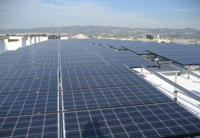 Solar panels on the roof of Ironhorse at Central Station in Oakland, California.