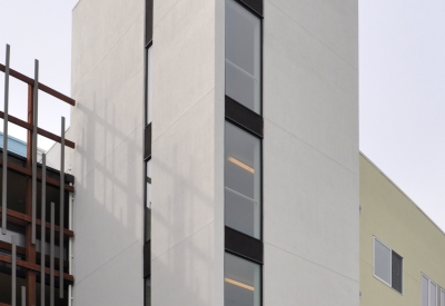 Exterior view of the stair tower at Ironhorse at Central Station in Oakland, California.