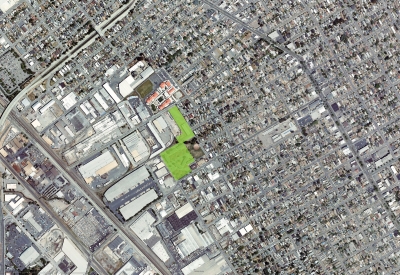 Aerial context of the site for Tassafaronga Village in East Oakland, CA. 