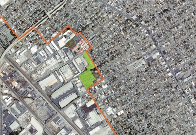 Context of residential and industrial zone for Tassafaronga Village in East Oakland, CA. 