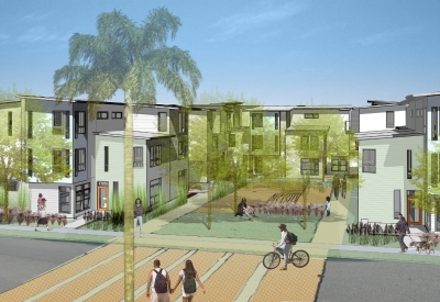 Rendering of the traffic-calmed street and Village Square for Tassafaronga Village in East Oakland, CA. 