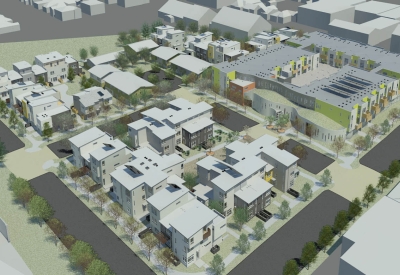 Aerial rendering of  Tassafaronga Village in East Oakland, CA. 