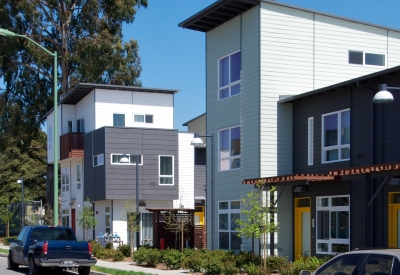 Exterior view of townhouses at Tassafaronga Village in East Oakland, CA. 