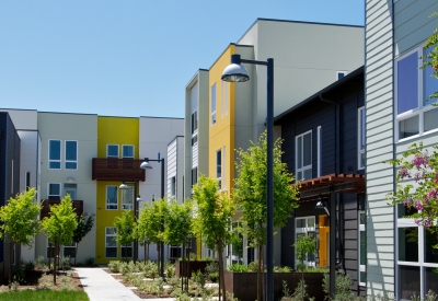 Exterior view of townhouses at Tassafaronga Village in East Oakland, CA. 