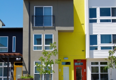 Exterior view of townhouses at Tassafaronga Village in East Oakland, CA. 