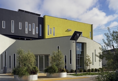 Exterior of community room at apartment building at Tassafaronga Village in East Oakland, CA. 