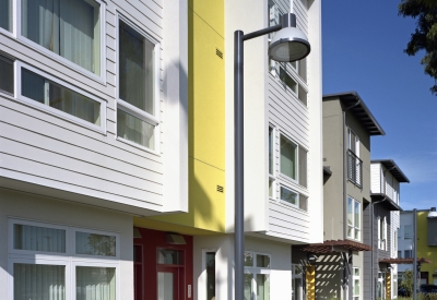 Exterior view of townhouses at Tassafaronga Village in East Oakland, CA. 
